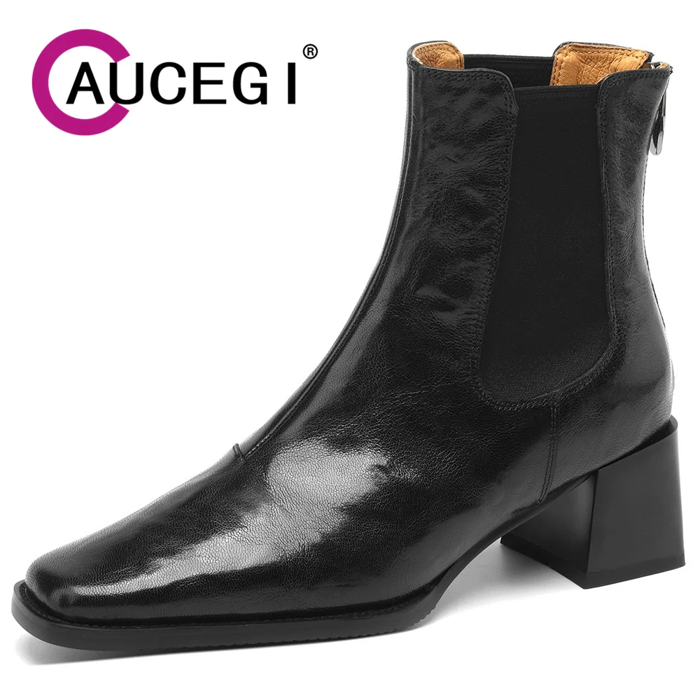 

Aucegi 2024 Classic Style Autumn Winter Ankle Boots Women Fashion Square Toe Retro Thick High Heels Back Zipper Commuter Shoes