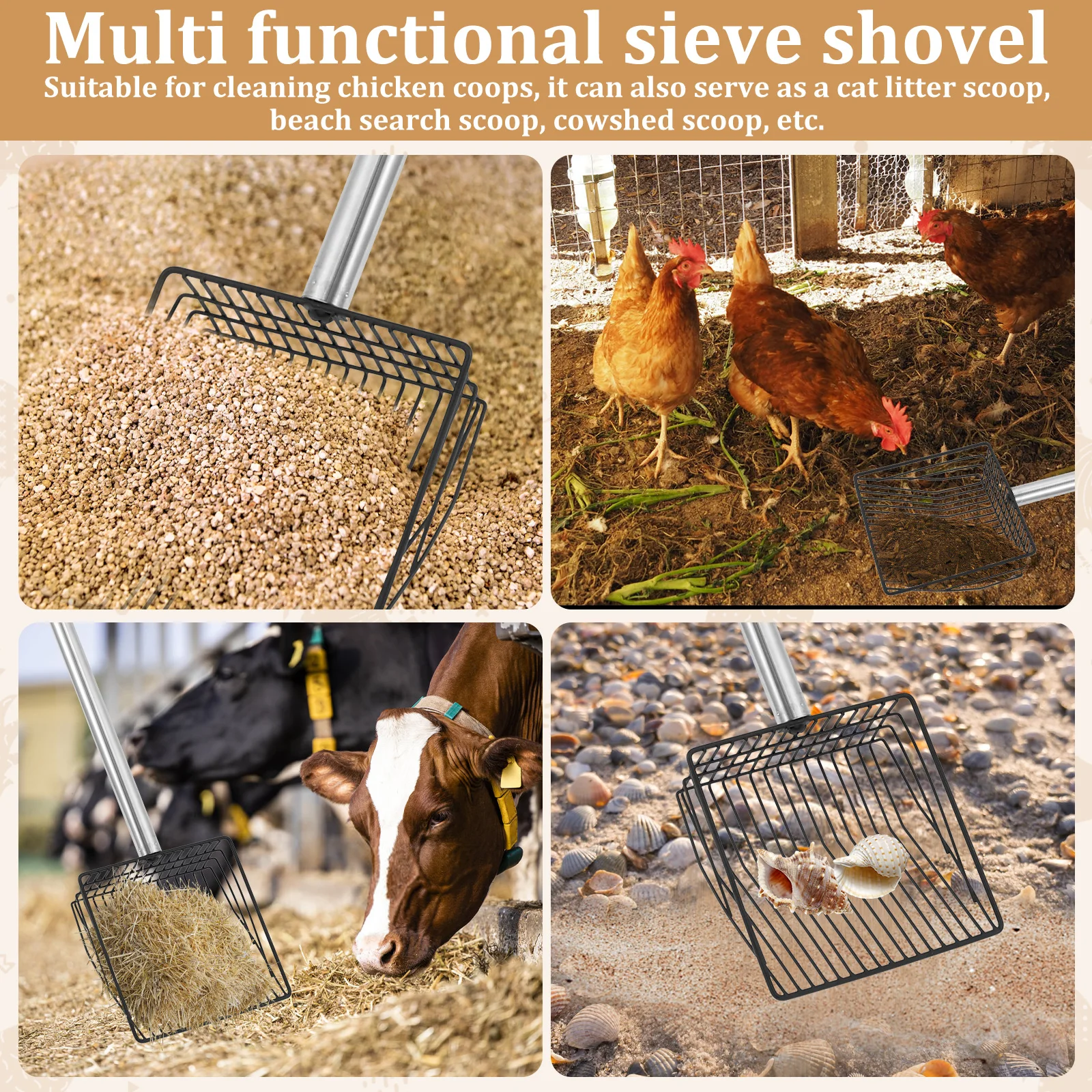 Chicken Pooper Scooper Stainless Steel Cat Litter Shovel with Adjustable Handle Multi-role Cleaning Tool for Pet Poultry Manure