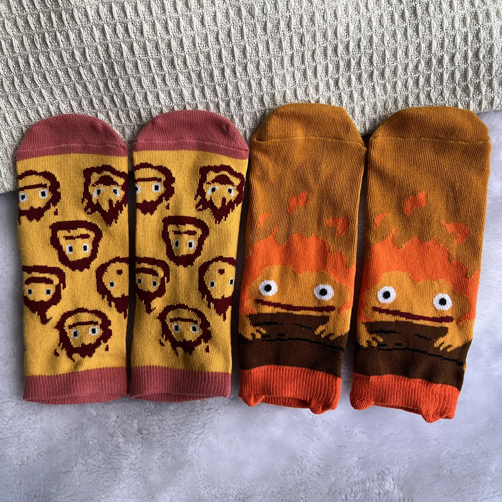 Cute Calcifer Socks Women Funny Novelty Casual Crew Socks Anime Howl Fire Demon Comics Dress Socks Eu35-40 Xmas New Year Gifts
