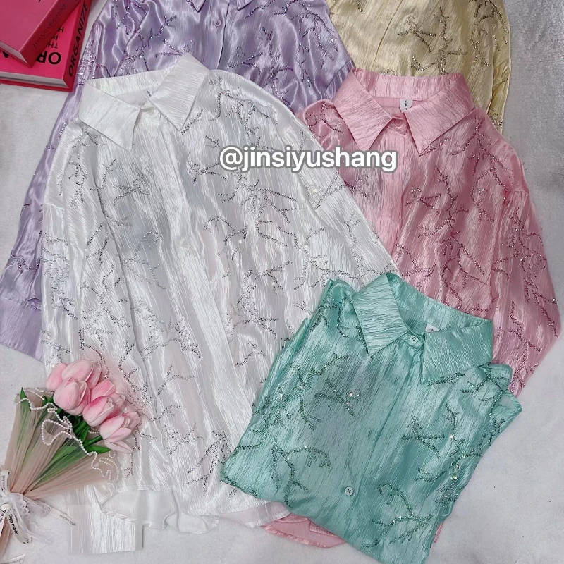 Spring Rhinestone Sun Protection Blusas Texture Light And Cool Cardigan Slimming Blouse Top Summer Mid-Length Shiny Shirt Female