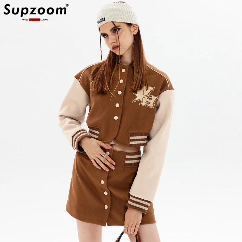 Supzoom New Arrival Top Fashion Uniform College Style Set Women's Early Autumn Sweet And Spicy Skirt Short Baseball Suit Jacket 4 colors autumn boys cotton adjustable peaked caps girls cartoon snapback cap hat fashion kids baseball cap headwear 3 12m