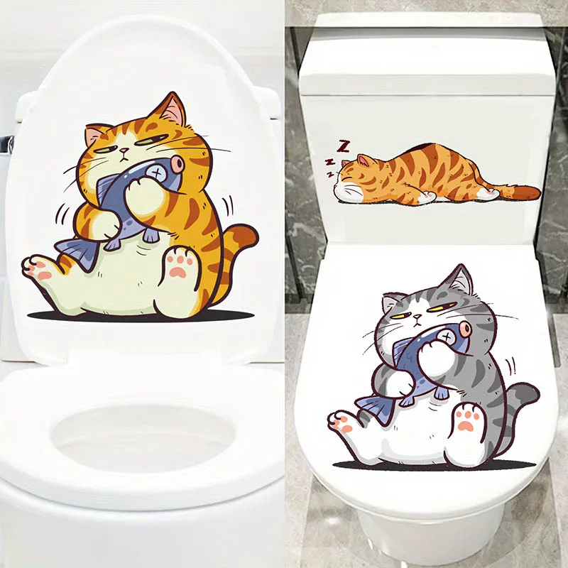 Kitten Wall Stickers Cat Touching Fish Bathroom Toilet Living Room Cabinet Decal