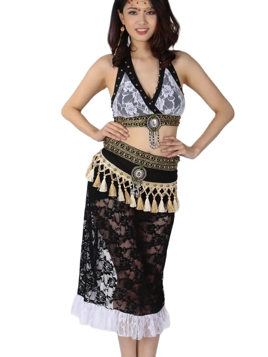 

Sexy Tribal Belly Dance Costume Set Egyptian Gypsy Belly Dancing Wear Halter Crop Top Floral Lace Fringe Wrap Skirt Hip Scraf