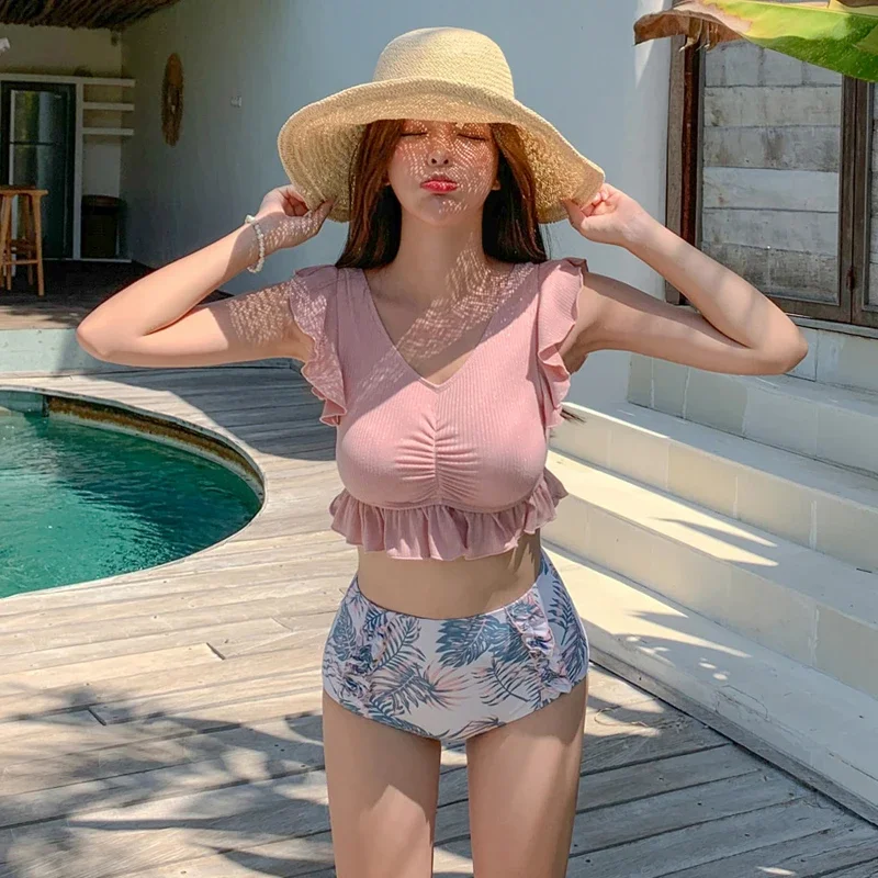 2024 Korea Female Bathing Swim Suits New Summer Couple Swimsuit Bikini Set Women Swimwear Pink Floral BeachWear Fashion Woman