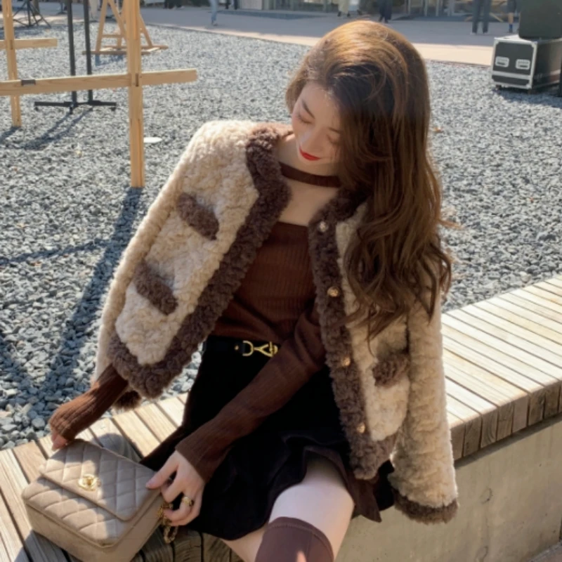 Autumn Winter New Women Coat Imitation Lamb Wool Short Jacket Female Loose Temperament Outcoat Fashion Patchwork Warm Outwear