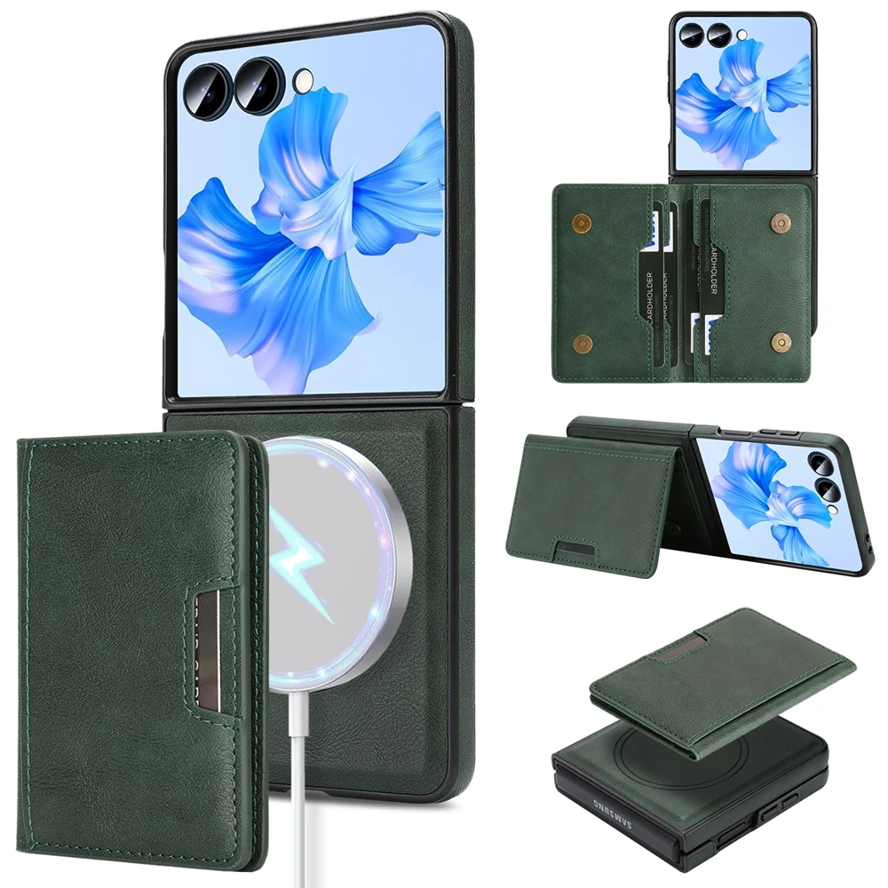 Magnetic Leather Phone Case with Card Holder & Kickstand, Wireless Charging Compatible