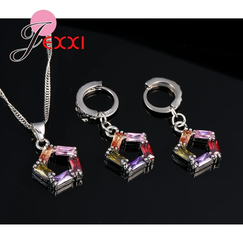 White Crystal Necklace Pendant Earrings 925 Sterling Silver Color Jewelry Sets For Women Ladies Stars Shape Party Gift
