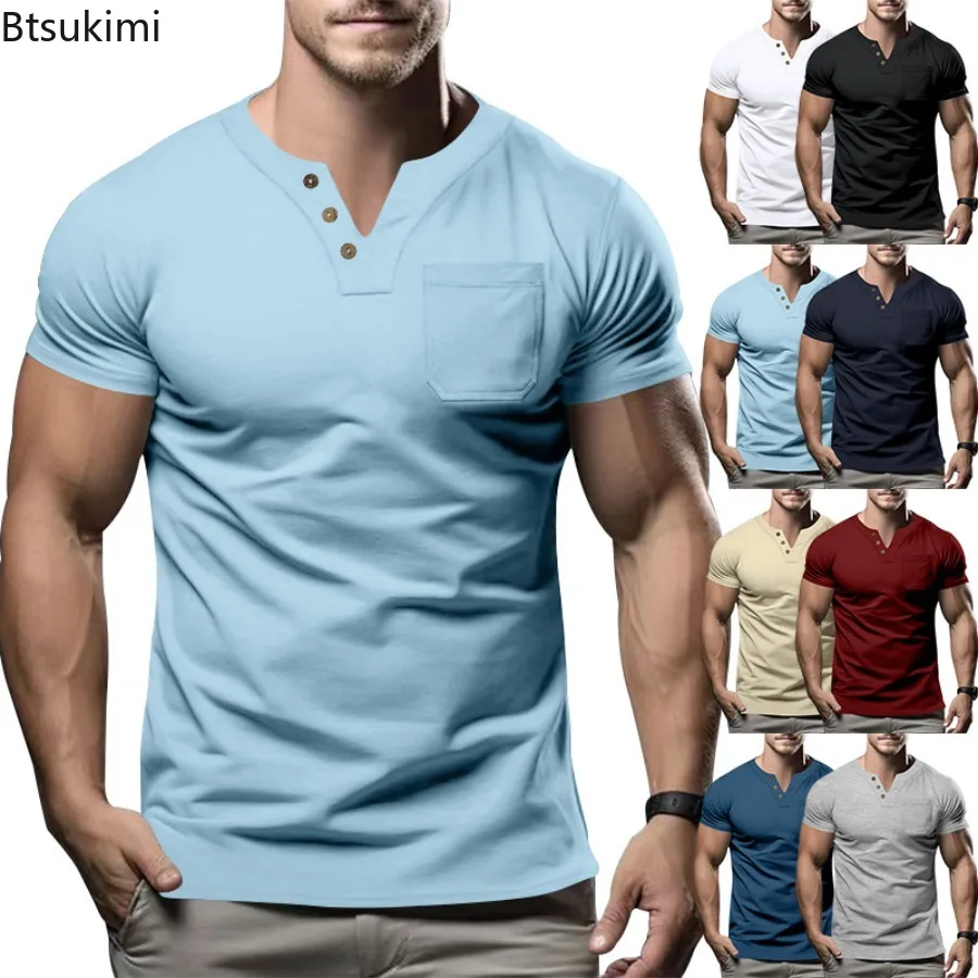 

2024 Men Casual Sport T-shirts Fashion Men's Classic Solid V-neck Short Sleeve Tees Summer High Quality Slim Daily Tops for Male