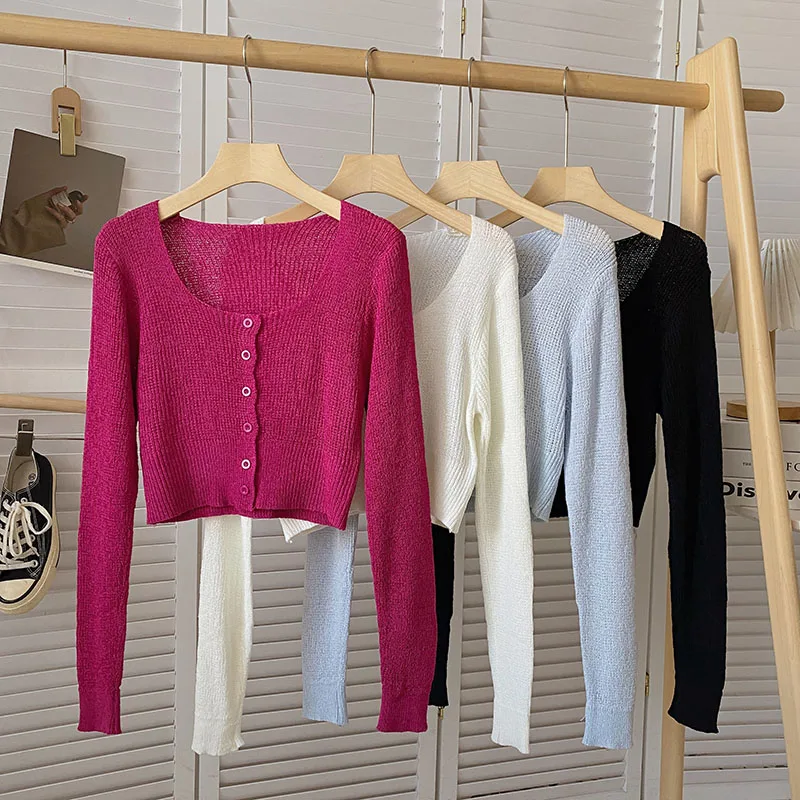 

OUMEA Women Sweater Knit Cardigans Buttons Spring Autumn Front Long Sleeve Casual Outwear Tops Solid Color French Style