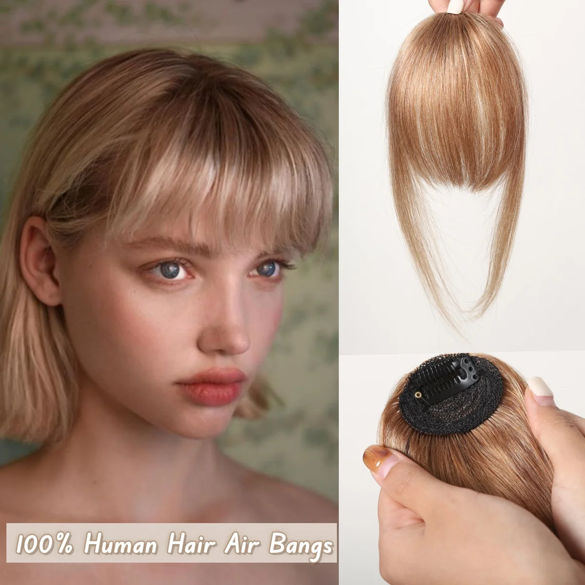 

Strawberry Blonde Human Hair Bangs OverHead Clip in Hair Extensions Blunt Cut Natural Hair Bangs Fringe Hairpieces for Afo Women
