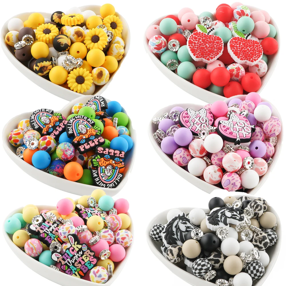50 Stück Silikon Tier/Blume/Valentinstag Stil Fokus Perlen Set für Schmuckherstellung DIY Ohrringe Armband Halskette Zubehör