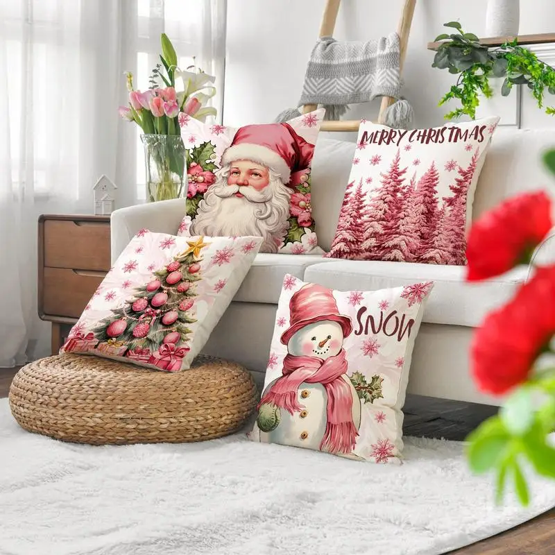 

45cm Christmas Pillow Covers Santa Claus Snowman Pink Square Pillowcase Navidad Merry Christmas Decorations 2023 Xmas Noel