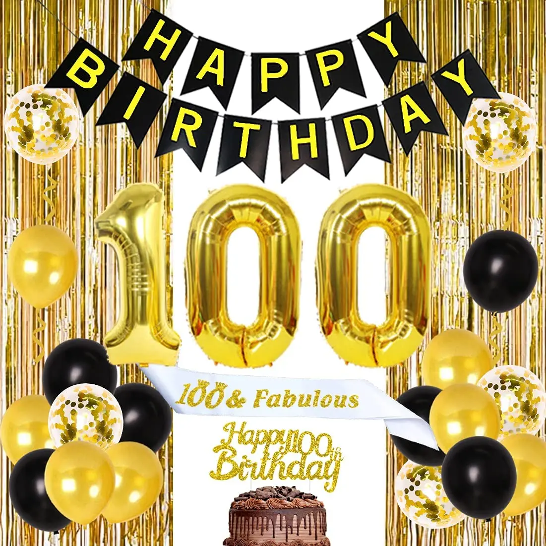 

Happy Birthday Party Decorations for Men and Women, Black and Gold Balloons Banner, 100 & Fabulous Sash, Cake Topper