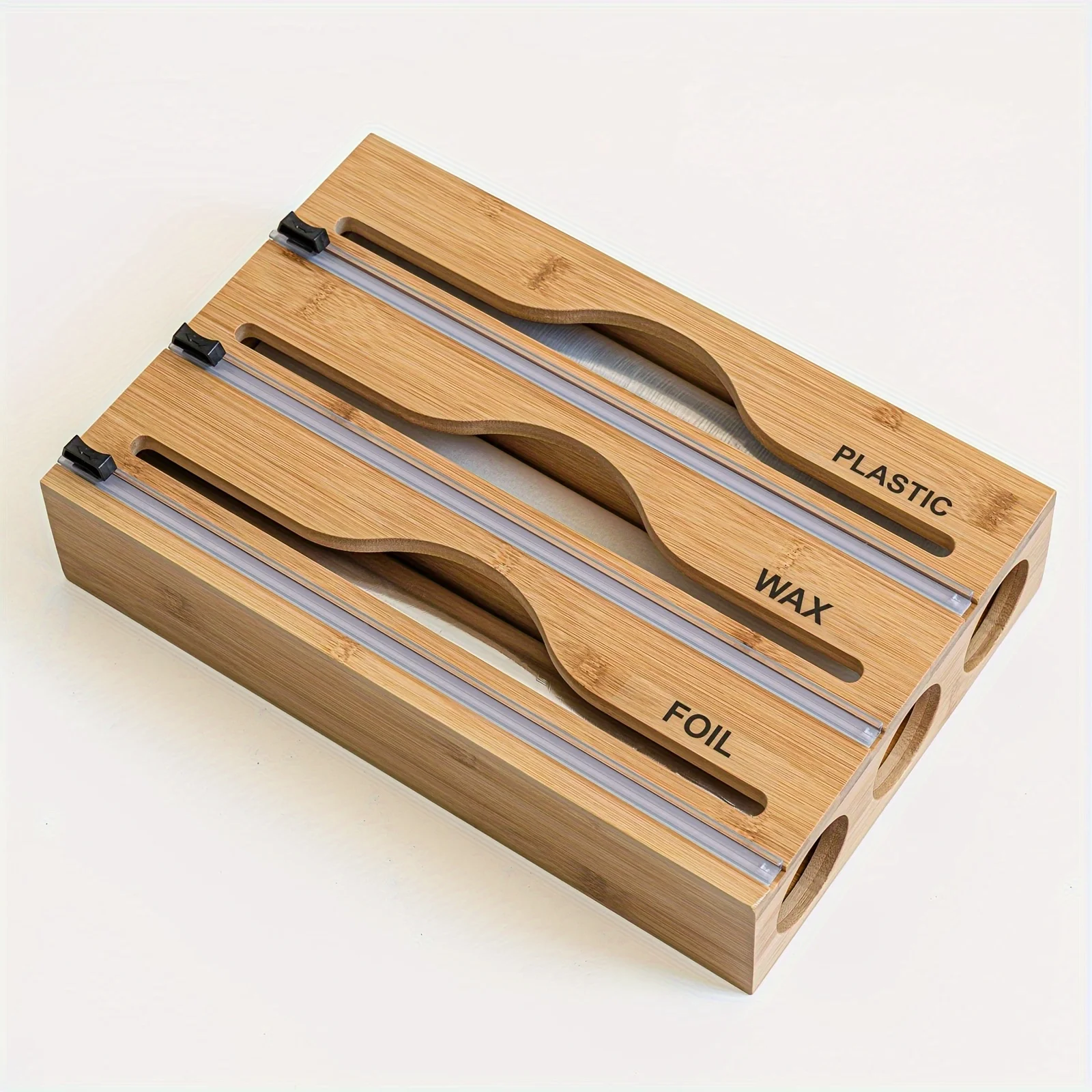 1pc Storage Box,3 In 1 Bamboo Wrap Organizer With Cutter And Labels,Aluminum Foil Film Storage Dispenser,For Kitchen Drawer 2