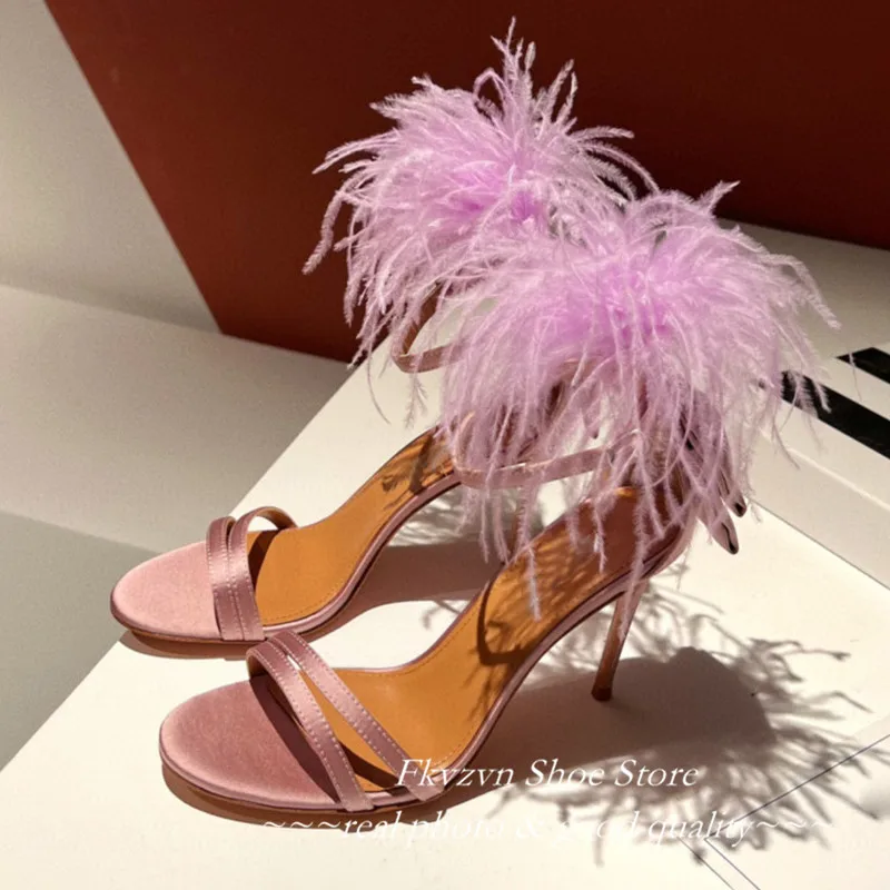 Sexy Peep Toe Feather Sandals High Heels Party Shoes Ankle Strap Gladiator Stiletto Summer White Shoes For Women Zapatos Mujer