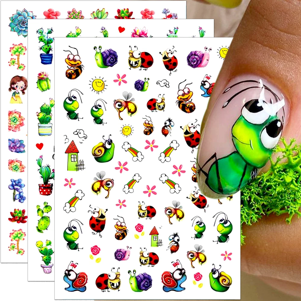 

3D Summer Nail Stickers for Kids Snail Ladybug Ant Nail Art Stickers Cactus Succulents Nail Decals Cute Insects Plants Stickers