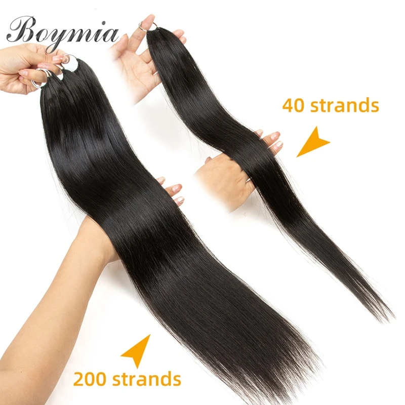 Boymia Micro Feather Human Hair Extensions 16"-24 Invisible Cotton String Knitting Extension Straight Natural Human Hair