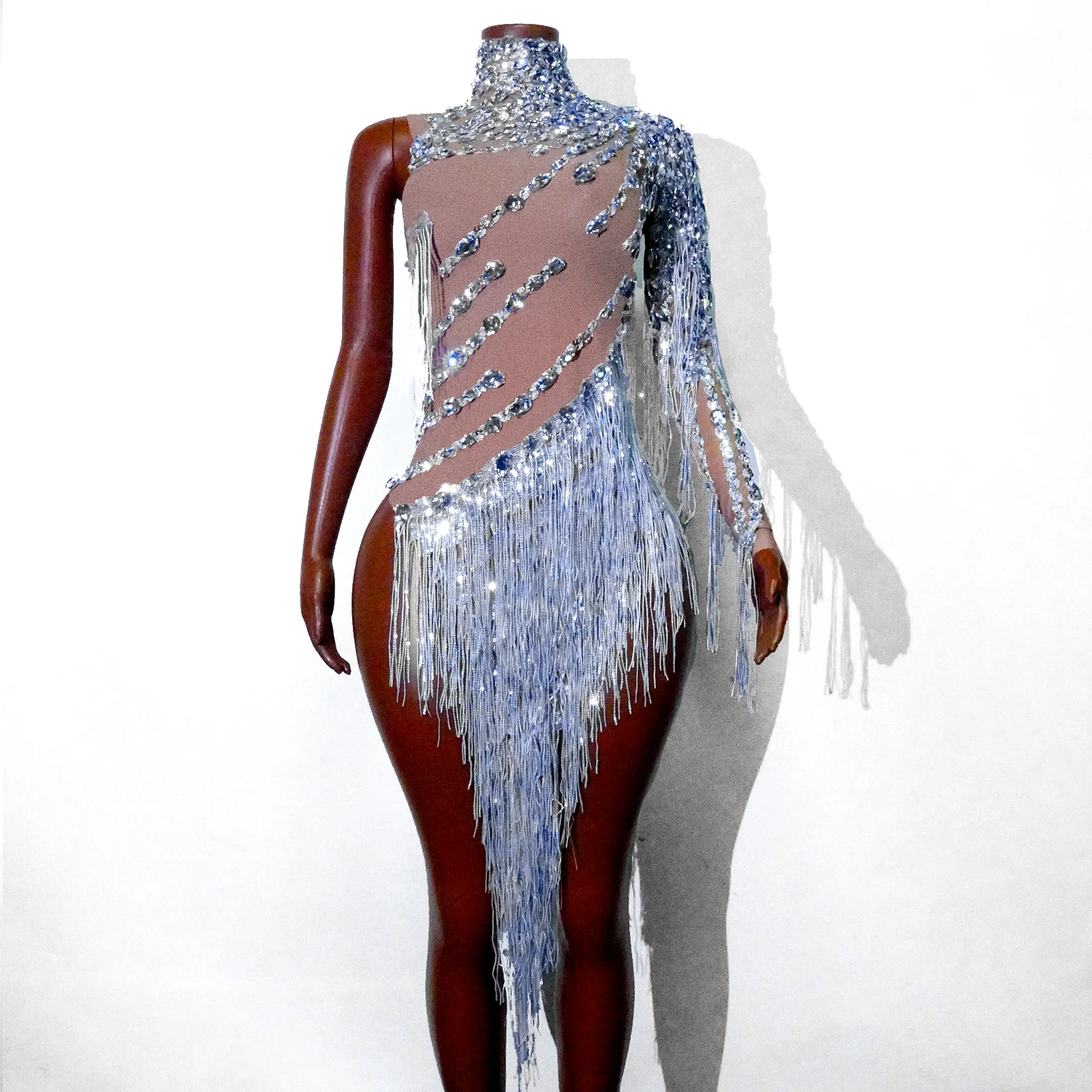 Sexy Seethrough Rhinestone Dress Fringed Singleshoulder Latin Dance Costume Stage Dance Costume Drag Queen Birthday Party Singer
