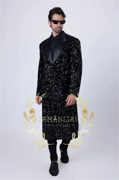 Formal Men Wedding Suits Black Sequins Slim Fit Peaked Lapel Long Blazer Pant Party Prom Suits Best Man Business Wear Suit