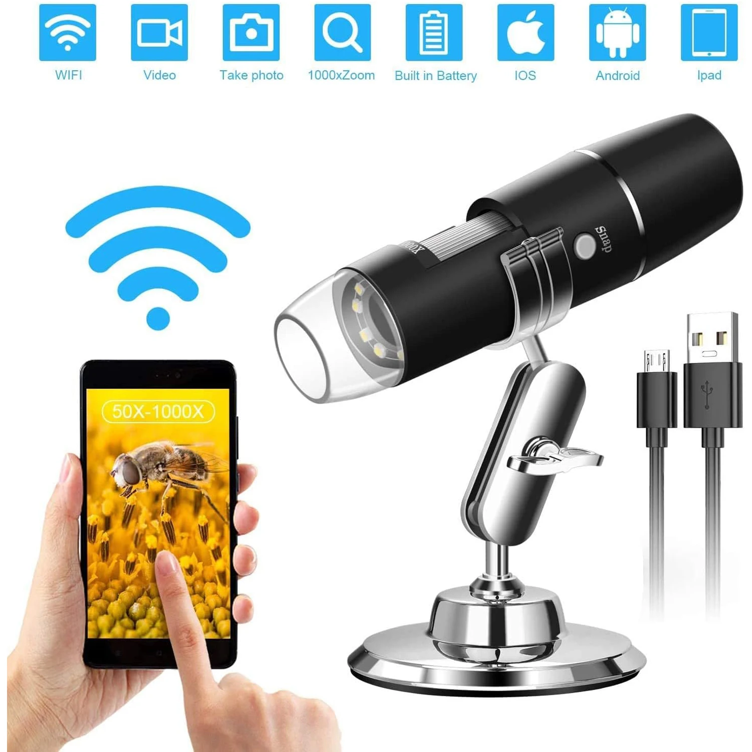 Microscope Portable BEAVERLAB – WiFi, 50x à 1000x, 8 LEDs, Compatible IPhone Android PC, Exploration Facile