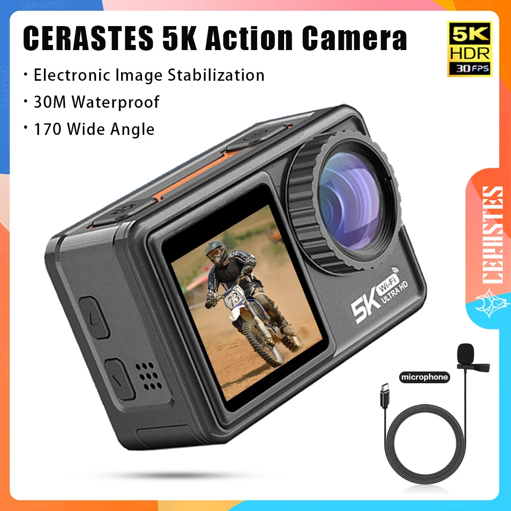 CERASTES 액션 카메라, 5K, 4K, 60FPS, EIS, 렌즈 교환 가능, 48MP 줌, 전자 스태빌라이저 카메라, 와이파이, 브이로그용 액션 카메라