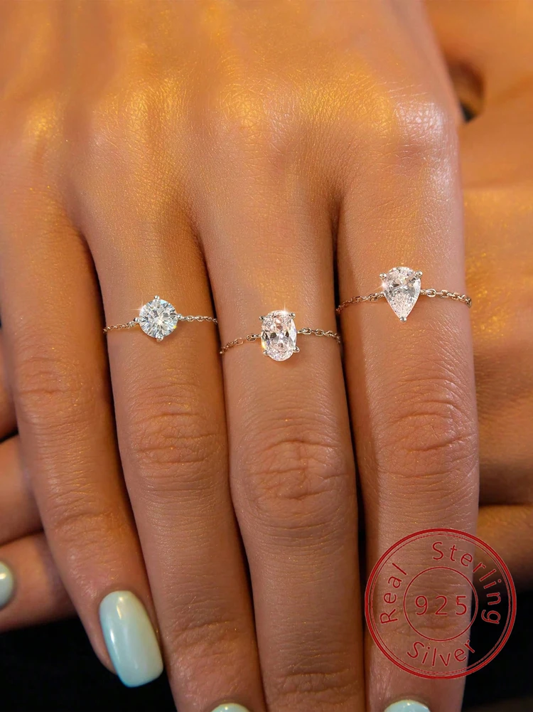 Anillo ajustable de Plata de Ley 925 con forma de gota de agua ovalada redonda, cadena de circón para mujer, joyería fina de alta calidad para aniversario