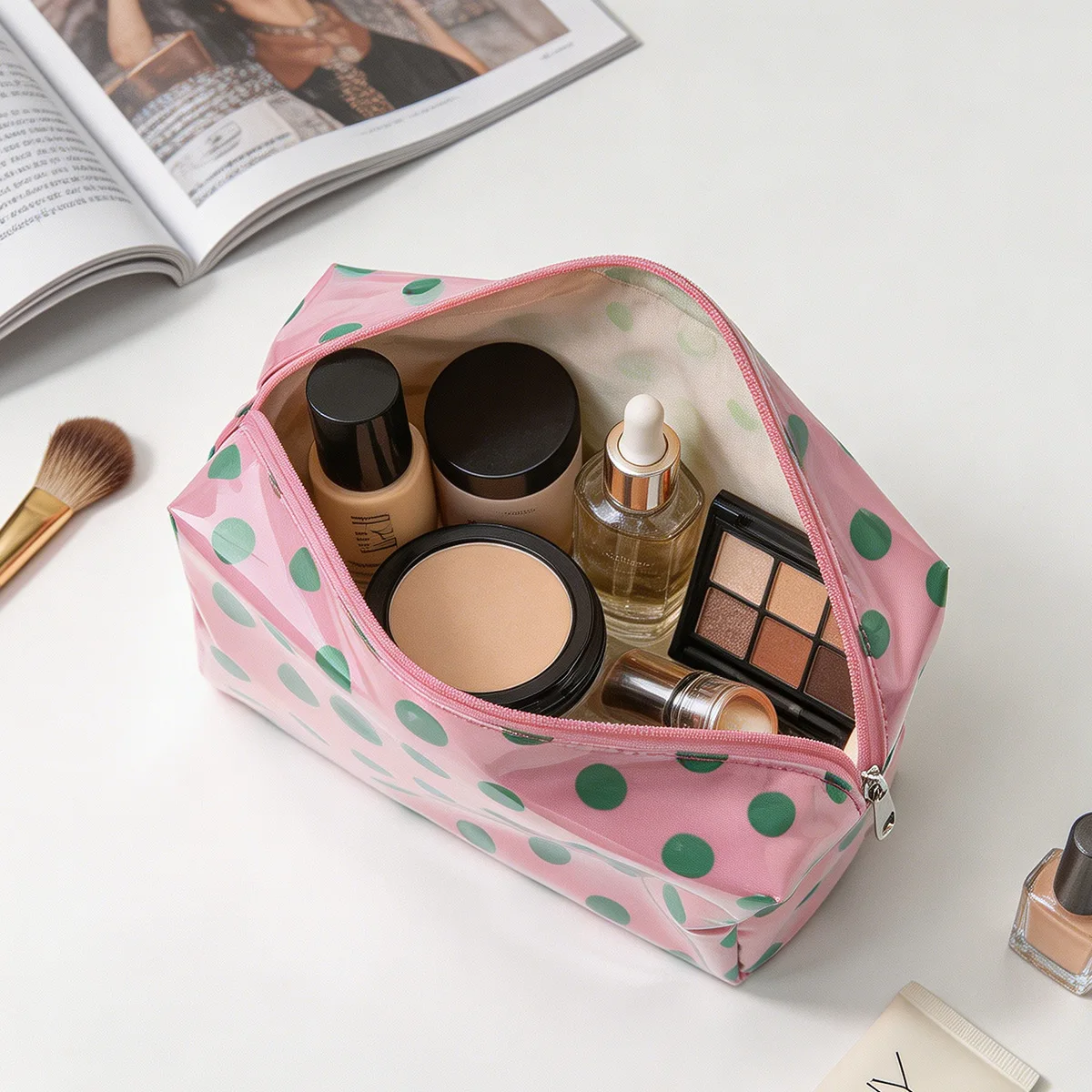 Borsa per il Trucco Vintage a Pois con Manico, Borsa a Pois Bicolore in PVC Impermeabile, Organizer da Viaggio Compatto - immagine 3