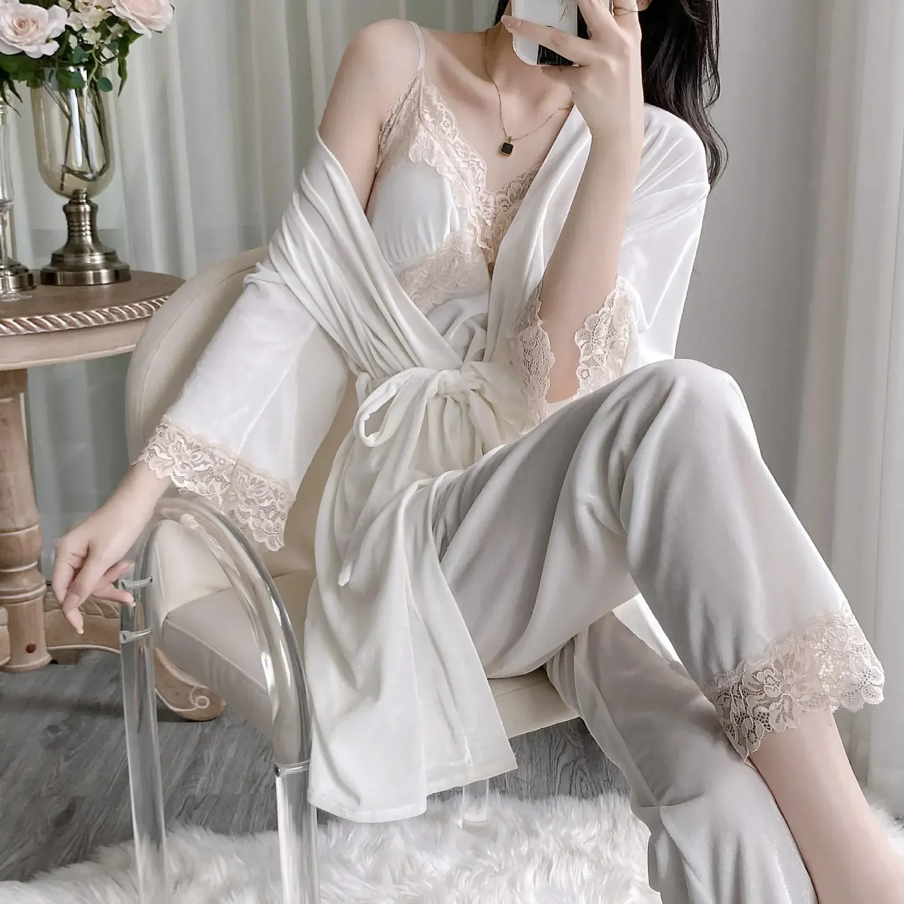 

Clothes Pyjamas Spring Women Home Lace 3Pcs Strap&pants&bathrobe Nightwear White Sleepwear Pajamas Velvet Velour Loungewear Set