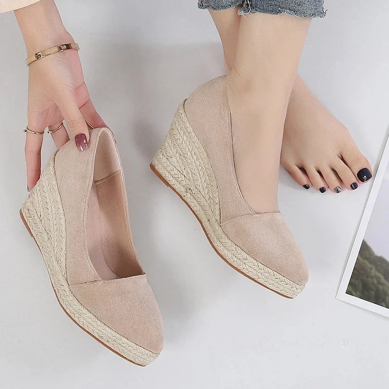 YAERNI Spring Summer Shoes Women Heeled Shoes Ladies Wedge Heels Retro Brand Women Pumps Casual Woman Wedges 8cm Big Size 4 5