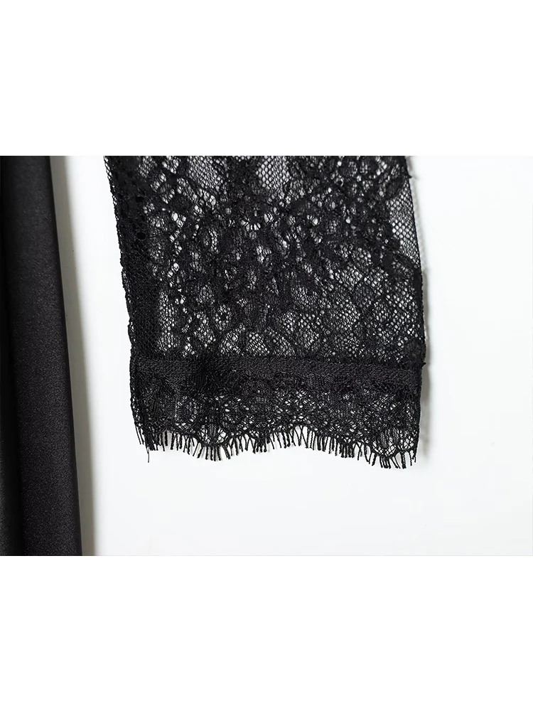 Women's Lace Slimming Midi Dress Fashion Splice Long Sleeve Semi-transparent Sexy Club Party Clothes Female Elegant Black Dress