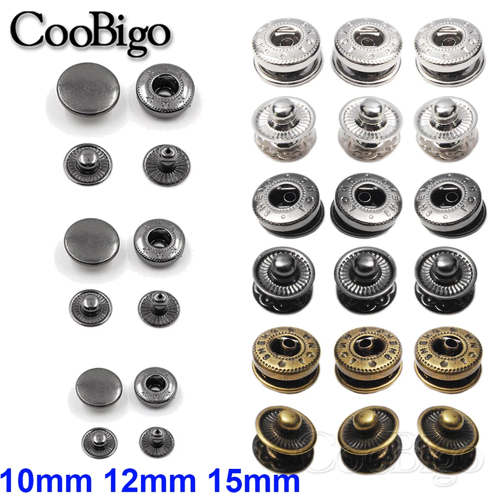 100 세트 팩 금속 프레스 스터드 재봉 버튼 스냅 패스너, 가죽 공예 의류 가방, 의류 10mm, 12mm, 15mm