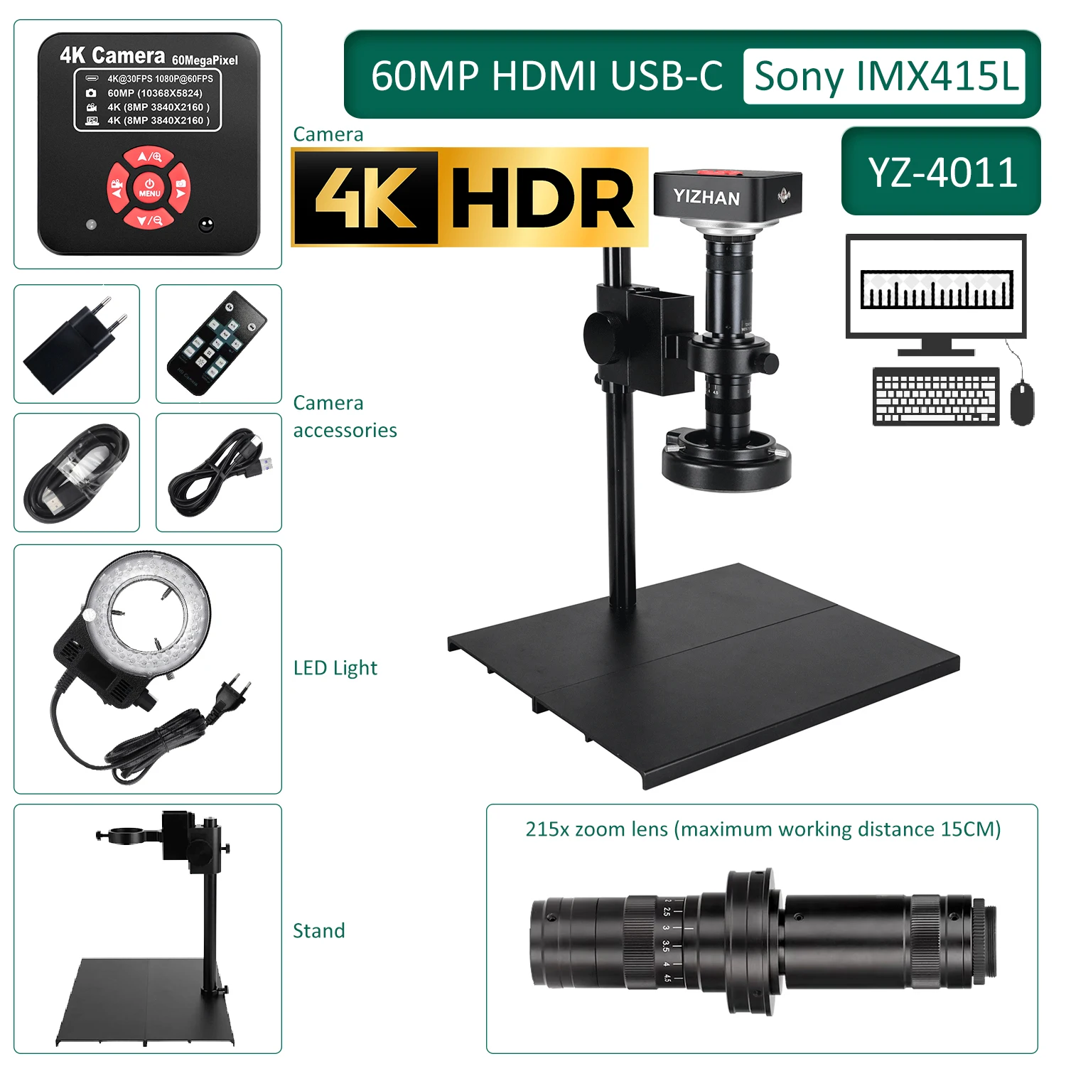 YIZHAN 60MP 4K UHD USB 디지털 현미경 전자제품용 HDMI 60FPS 215배 줌 렌즈 VGA 30fps 수리 납땜 견고한 브래킷