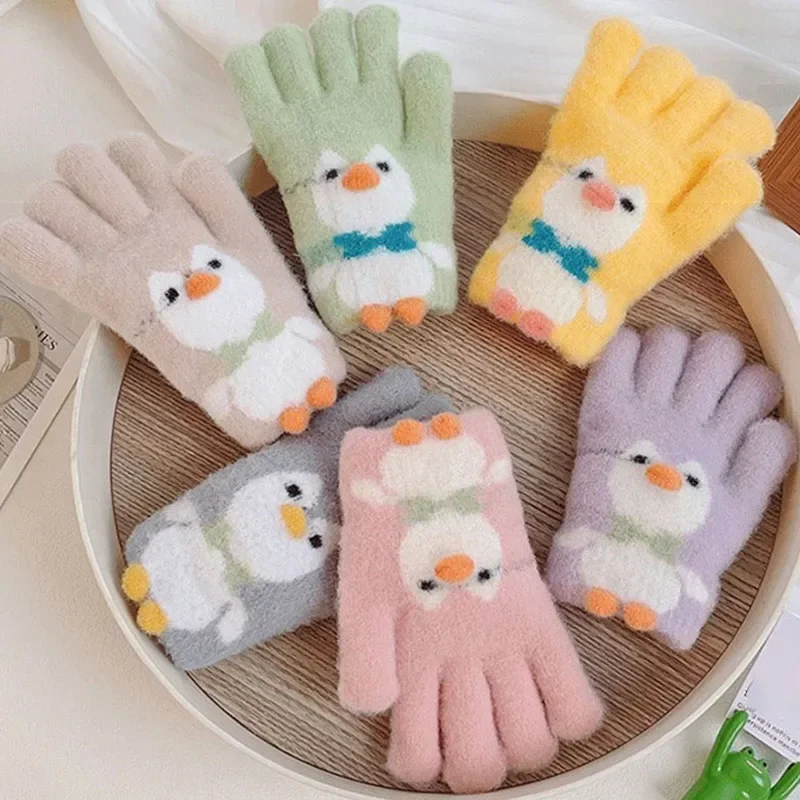 3-7Y Cartoon Penguin Children Gloves Autumn Winter Cute Warm Knitted Five Finger Girls Students Mittens Boys Kids Riding Gloves