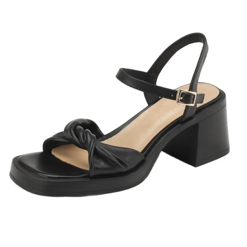 

Summer Women's Sandals Summer Real Cow Leather Shoes Luxury Design Thick Heel Ankle Straps Buckle Sandals For Ladies Black Shoes