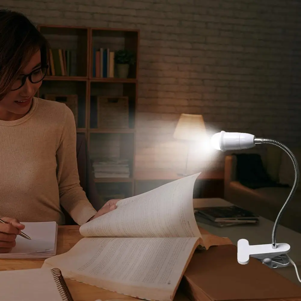 Durable EU Plug E27 Lamp Holder with Adjustable Gooseneck Desktop Clip on Type E27 Reading Lamp Holder Illumination