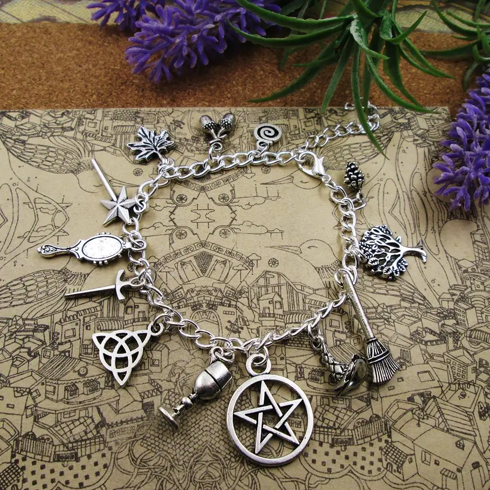 

ROSE Witch Wicca Acorn Greenman Various Gemstones Charm Bracelet 17+5cm Silver Plated Charm handmade Bracelet Gift Birthday