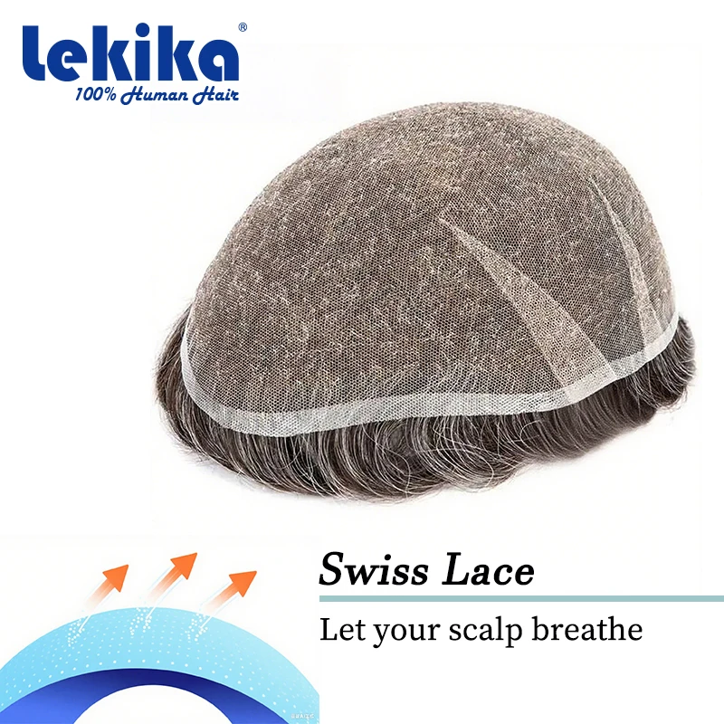 Parrucca da uomo AIR-Lace con base in pizzo svizzero ultra sottile, sistema di protesi capillare maschile in capelli umani, per uomo - immagine 2