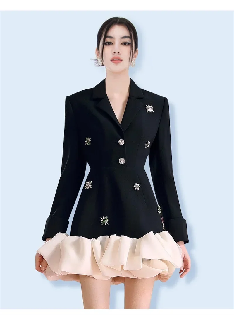 

Black Luxury Women Suits 1 Piece Long Blazer Ruffles Hem Formal Office Lady Business Work Wear Fashion Girl Coat Prom Dress
