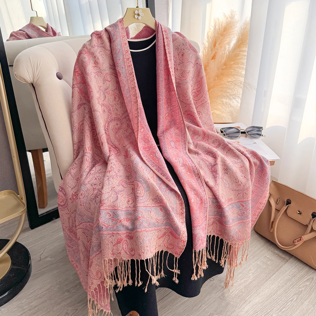 Women's Faux Cashmere Plaid Scarf - Thick Warm Tasseled Printed Pashmina Shawl Wrap, Winter Neckerchief