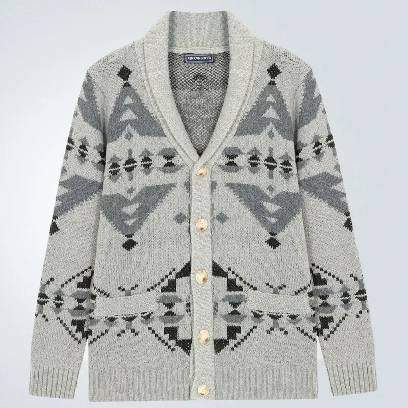 Men's Knit Geometry Graphics Cardigan Jacket Button-down Long Sleeve Sweater Streetwear Popular Knitwear Retro Thickened Coat