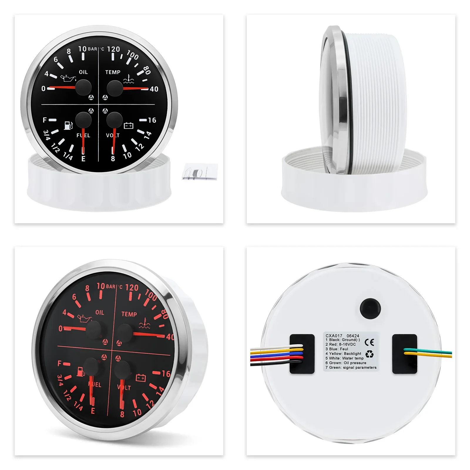 4-in-1 LED Car Marine Gauge 110mm 4