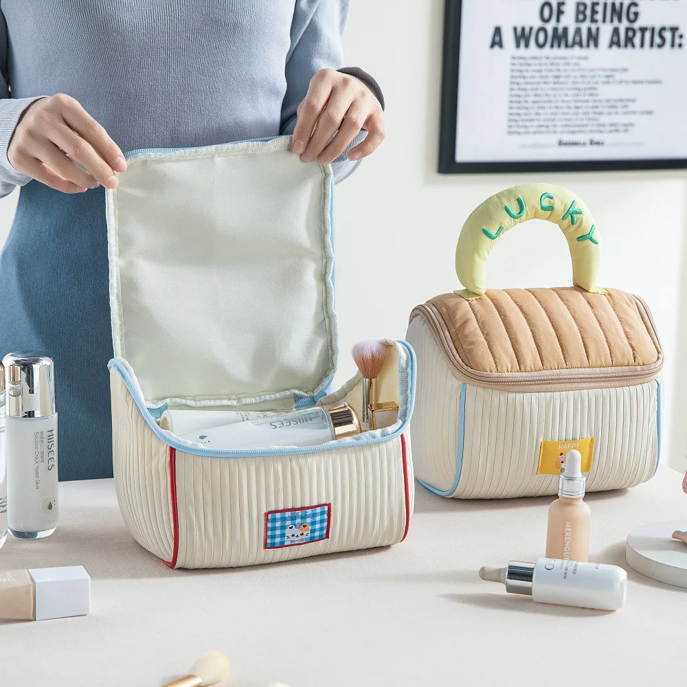 Nuova Borsa da Trucco da Donna Carina a Blocchi di Colore, Organizer Cosmetico da Viaggio di Grande Capacità, Beauty Case Portatile per Articoli Domestici - immagine 2