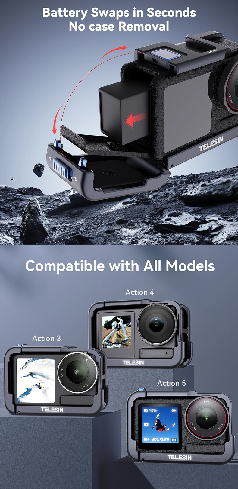 TELESIN Aluminium Alloy Frame Case For OSMO Action 3 4 5Pro Double Clod Shoe Pr