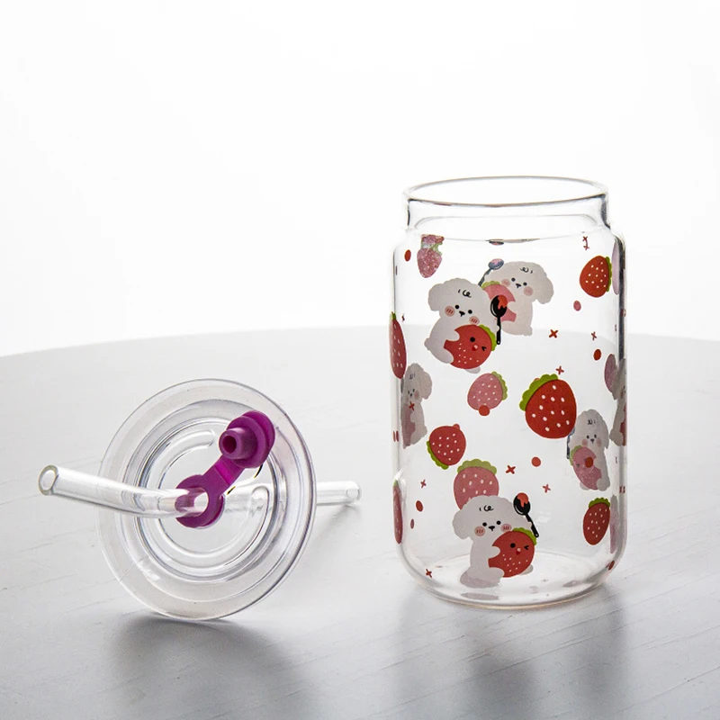 Strawberry puppy Sippy Cup Cartoon Straw Cup With Lid Office Milk Fruit Juice Water Bottle Coffee Mug Outdoor Portable Cups
