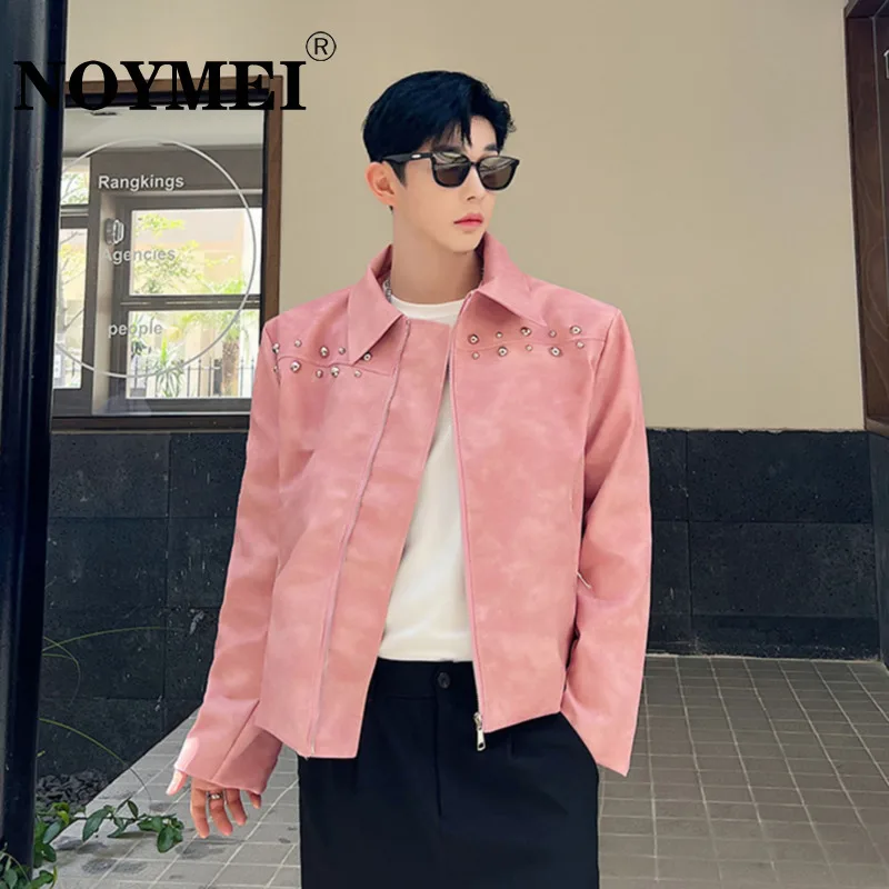 NOYMEI Fashionable Pink Trendy 2024 New Spring Men's Jacket Laepl Zipper Metal Decoration Niche Male Coat Korean Style WA2493