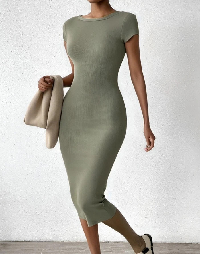 

2024 Women's Long Skirt, Short Sleeved, Solid Color, Minimalist Fashion, and Calf Cap Sleeve Backless Ribbed Tight Fitting Dress