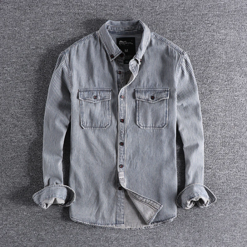 

Washed Striped Men Clothes Fashion Autumn Winter New Men Shirts Slim Lapel Long Sleeve Camisa Masculina