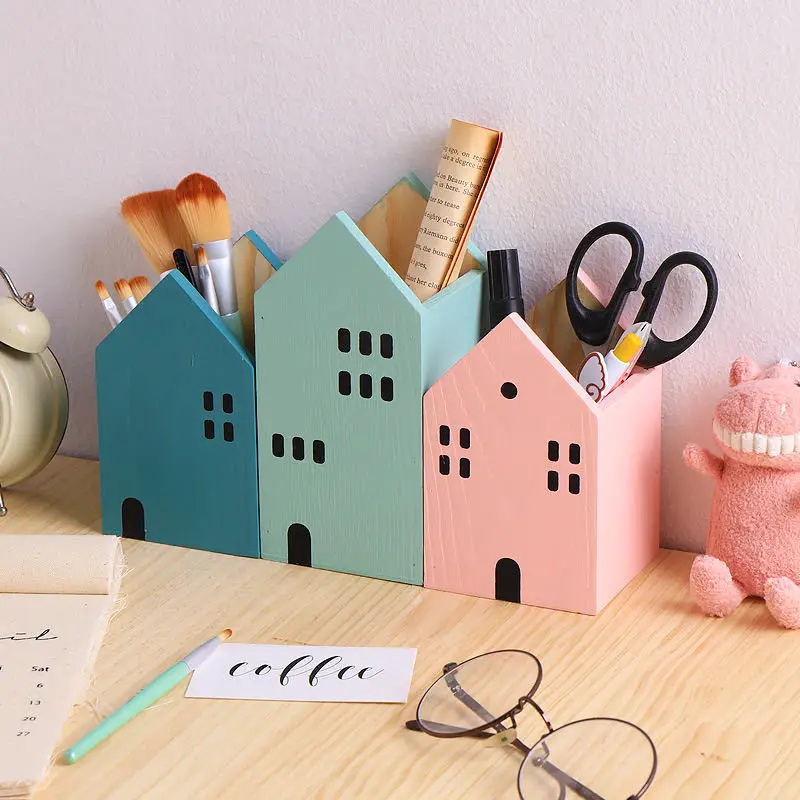 Pencil Case Desk Organizer Storage Organizer Pen Pouch Wooden House Pen Holder for Home Office
