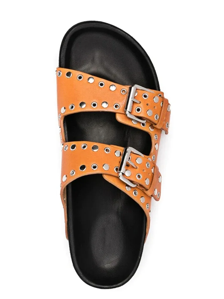 

2023 New Unisex Beach Sandals Woman Summer Open Toe Comfort Thick Flat Slippers Buckle Rivet Design Slip on Roman Shoes Size 43