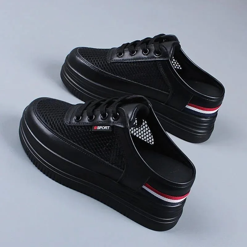 Half Slippers Women's Mesh Surface Hollowed Summer Versatile Student Bones Outdoor Breathable Closed Toe Mesh Casual Shoes White